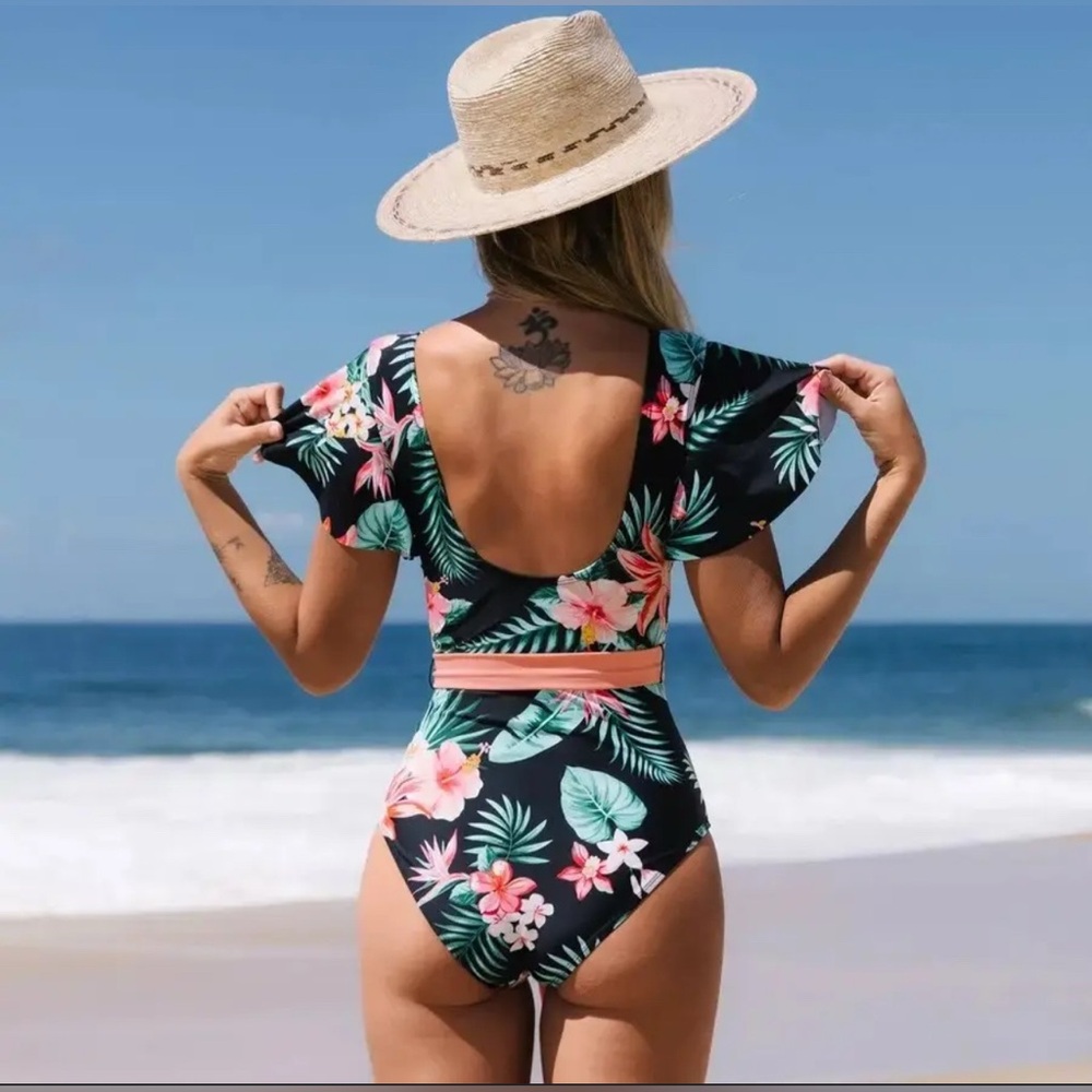CUPSHE Black Tropical Floral One-Piece Peach Tie Swimsuit L NWT - Picture 3 of 3